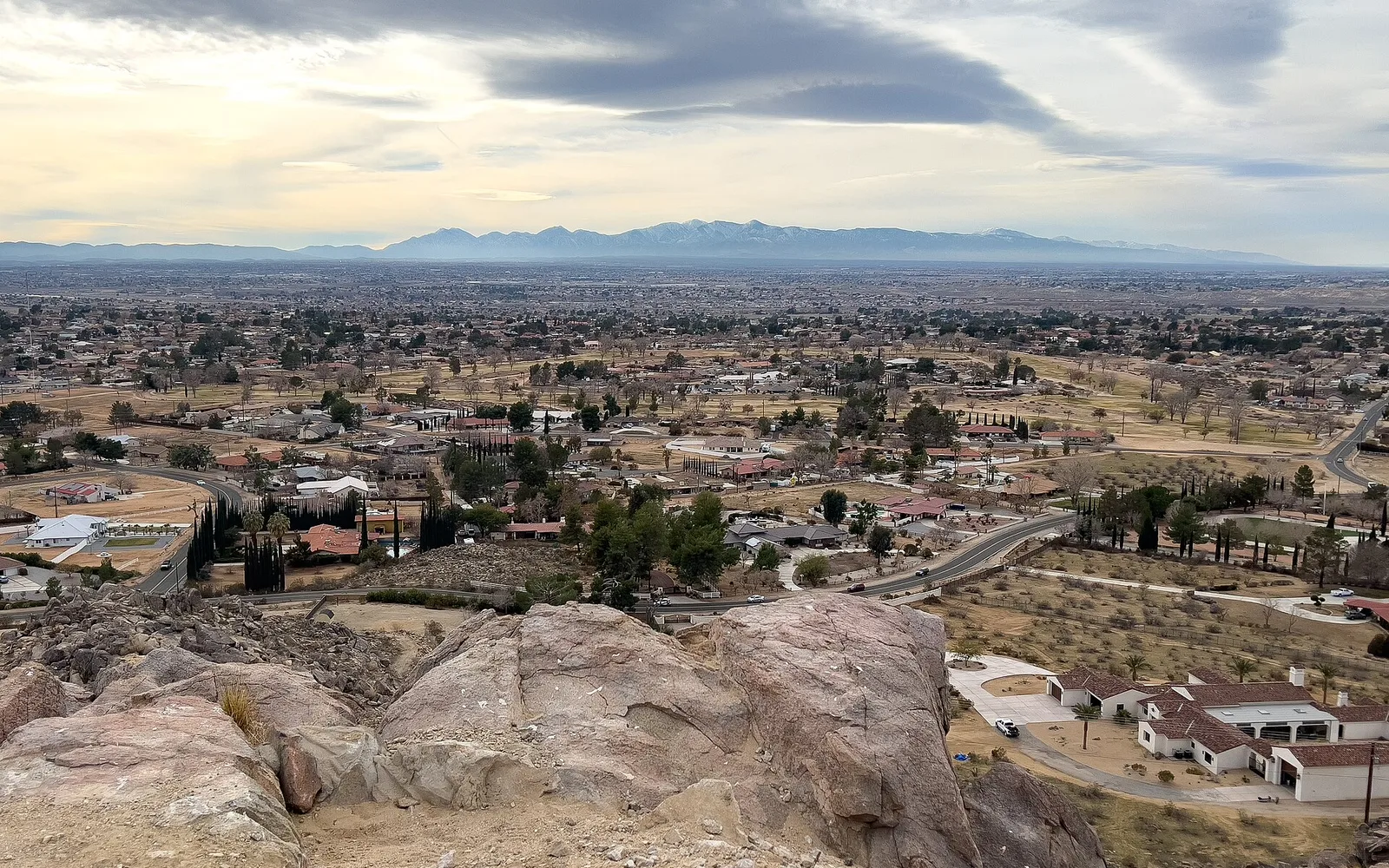 Apple Valley, California and its high-desert landscape viewed southwest from Bass Hill